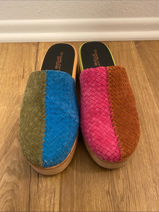 Charlotte Stone Shoes - Charlotte Stone Two-Tone Woven Suede Slip-On Mules in Blue, Pink, Olive & Rust